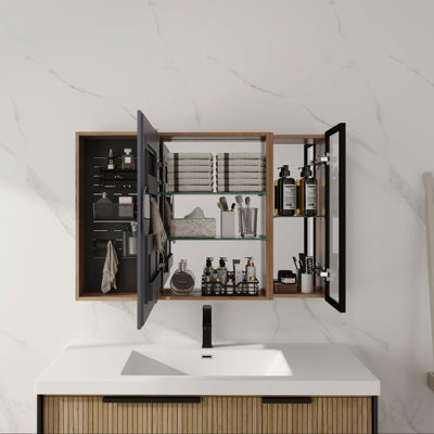 Armoire de toilette 41,7 po avec rangement, armoire à pharmacie murale avec porte miroir, tablettes en verre réglables, contreplaqué