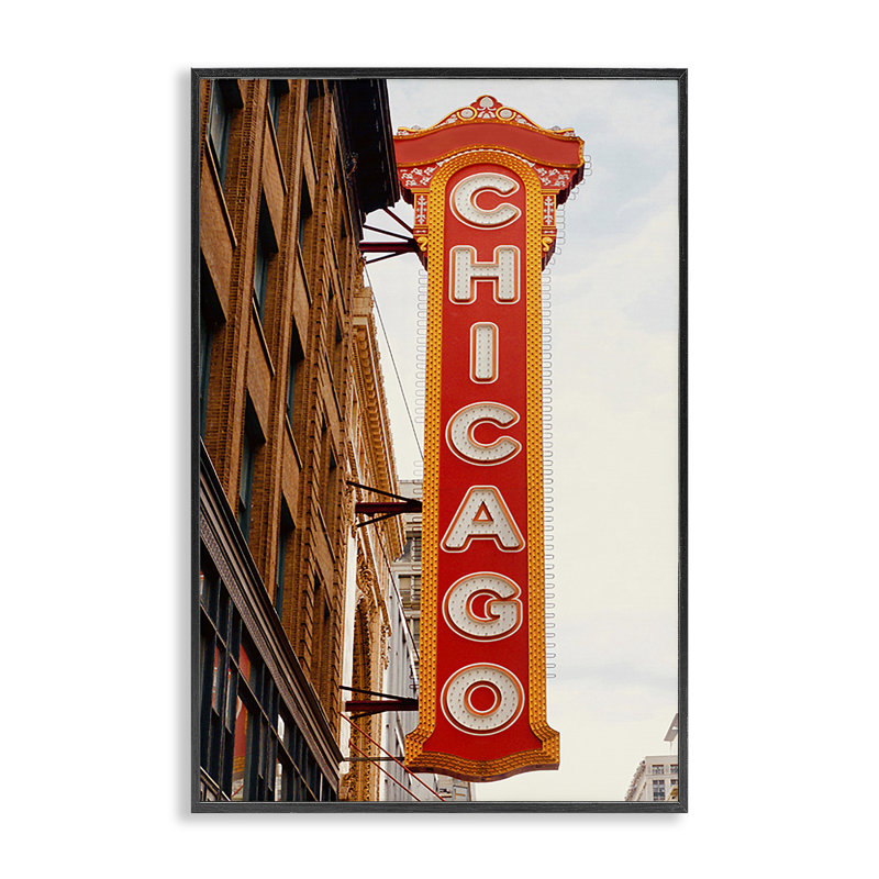 «Chicago City Sign», art de la giclée blanche encadrée par Ashley Singleton, Giclée encadrée noir minuit, H 18 po x l 12 po