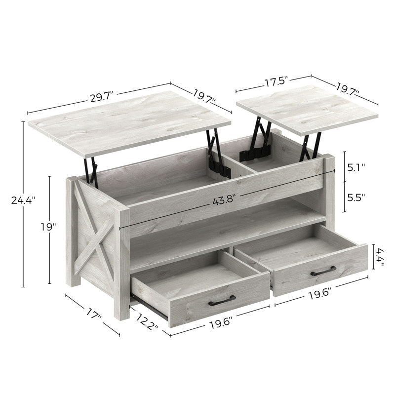 Coffee Table with 2 Storage, Lift Top Coffee Table for Living Room, Gray, 19" H x 47.2" L x 19.7" W