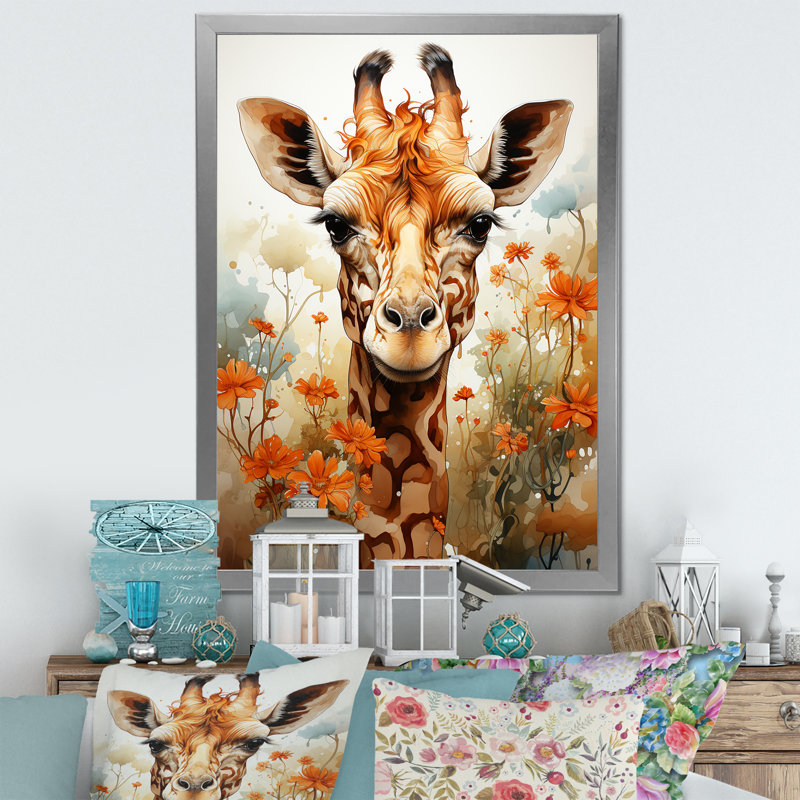 Adorable girafe dans un champ de fleurs sur toile, Cadre simple argenté, H 32 po x l 24 po x P 1 po