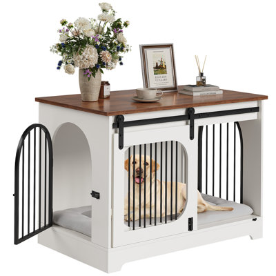Modern 39.4"  Dog Crate Furniture, Dog Kennel for Dogs Up to 70 Lb, with Bed Mat, Heavy-Duty Dog Cage End Table, Three Doors Dog House, White/Brown