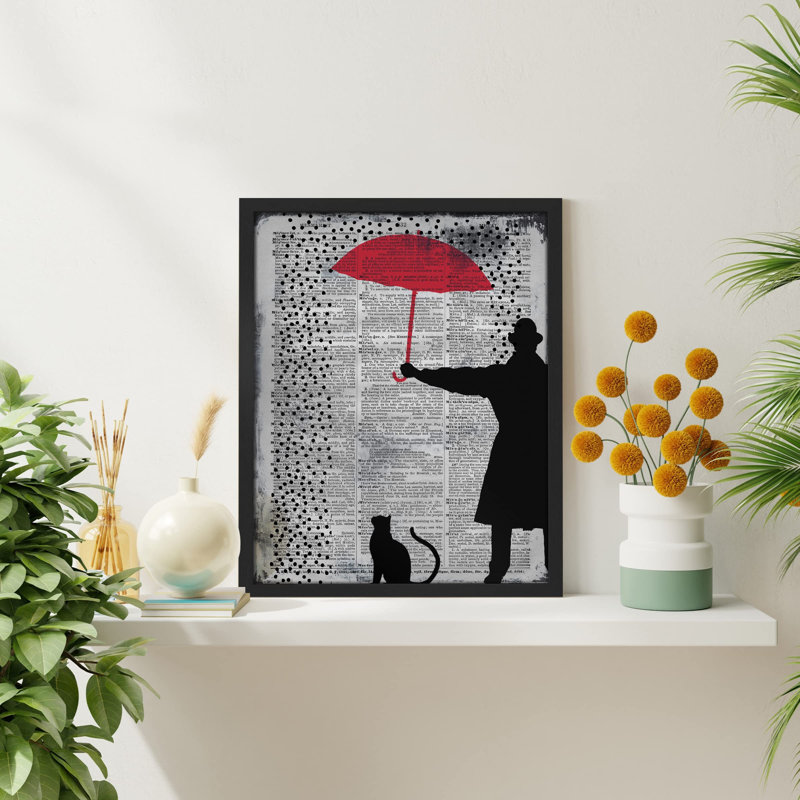 "Parapluie, homme et chat, pluie, vieux journal, peinture, journal de Banksy, décoration murale inspirante" sur papier