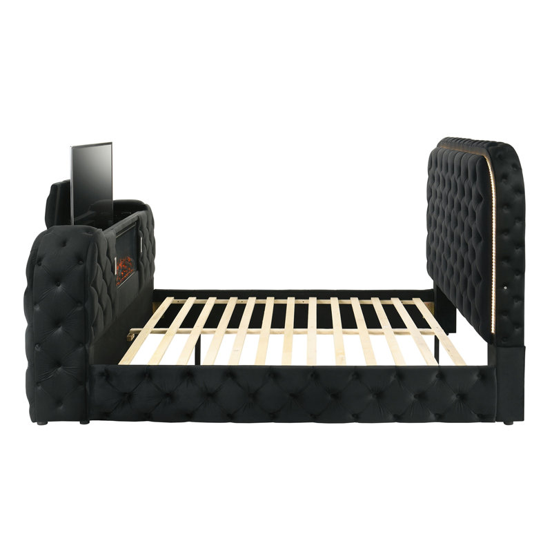 Kana Upholstery Velvet Bed W/LED, Fireplace & TV Stand, Gray, King