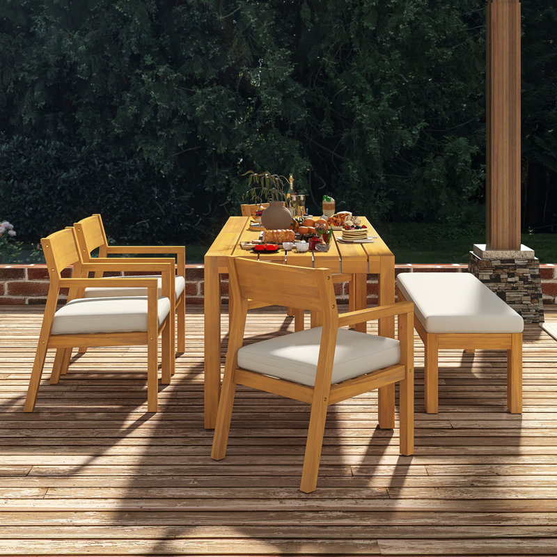 Ensemble de table de salle à manger 6 pièces pour ensemble de mobilier d'extérieur avec trou pour parasol | Chaises et banc avec coussins amovibles (teck clair + beige) |  Table rectangulaire 71 po | Cour, jardin, bord de piscine