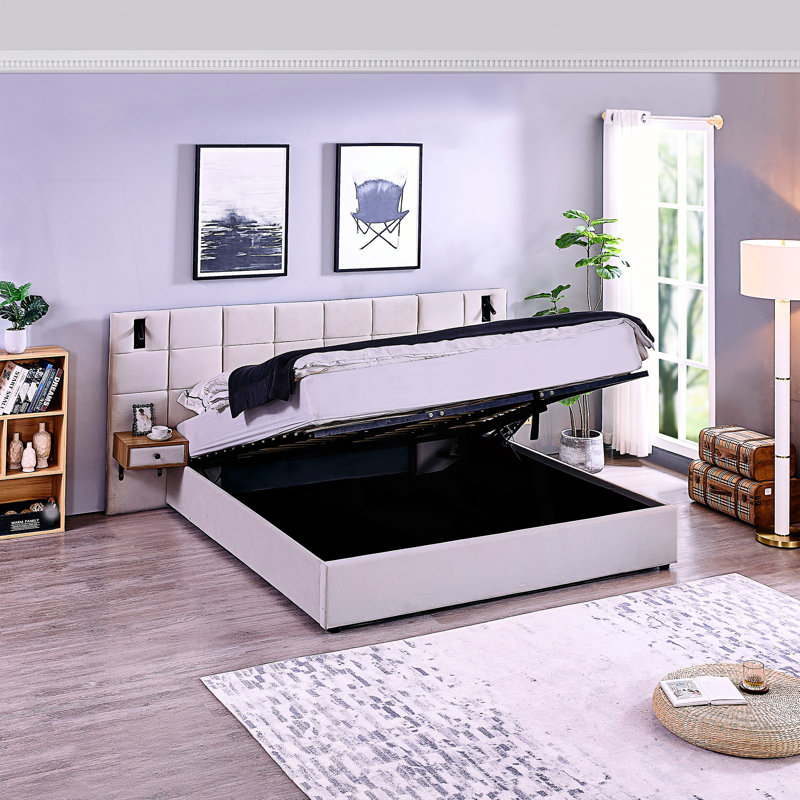 Très grand lit plateforme tapissier hydraulique avec 2 tablettes, 2 lampes de lecture et un port USB