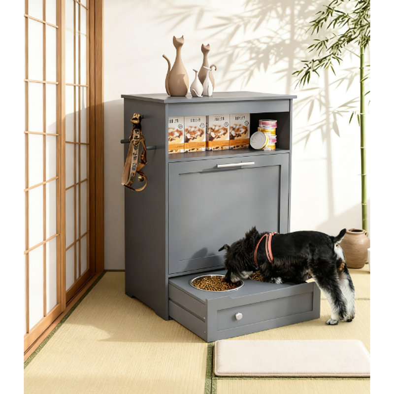 Mangeoire grise pour animaux de compagnie avec rangement et deux bols amovibles, à utiliser comme table de bout dans la chambre à coucher, laisse de suspension de la structure sur crochets latéraux, assemblage requis