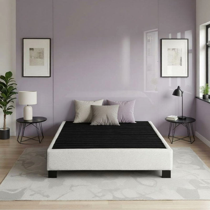 Lit plateforme très grand moderne avec revêtement en peuplier de couleur avoine, largeur de 77 po et profondeur de 14 po et hauteur de 14 po - Assemblage en mousse requis pour la base en tissu d'ameublement