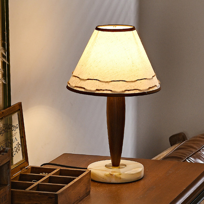 Petite lampe de table moderne en bois massif brun + métal + marbre avec abat-jour en lin pour le salon de la chambre à coucher, ampoule incluse