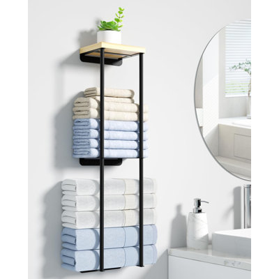 Rolled Towel Racks for Bathroom Wall Mounted, Wall Towel Rack for Large Bath Rolled Towels, Metal Wall Towel Holder Mounted Towel Storage for Small Bathroom (Black, 2 Tier)
