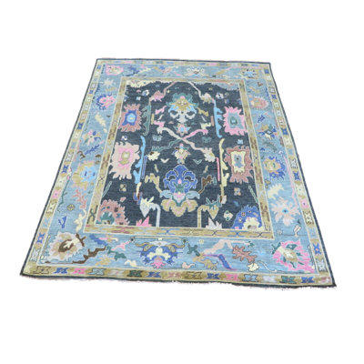 Tapis oriental noué à la main noir / bleu clair / rose / mauve à motif oriental Oushak coloré