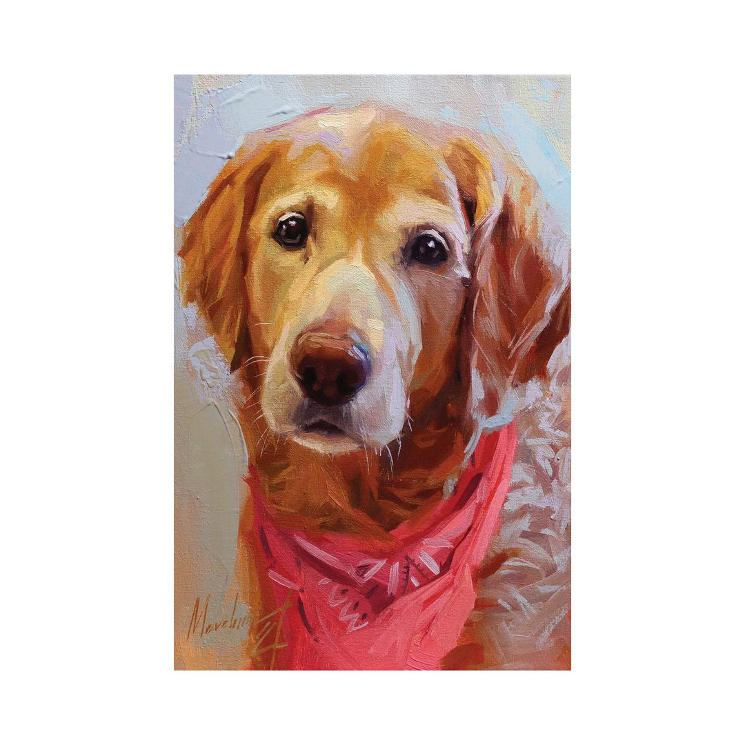 Gelber Labrador mit rosa Halstuch von Alex Movchun - Giclée auf Leinwand ohne Rahmen