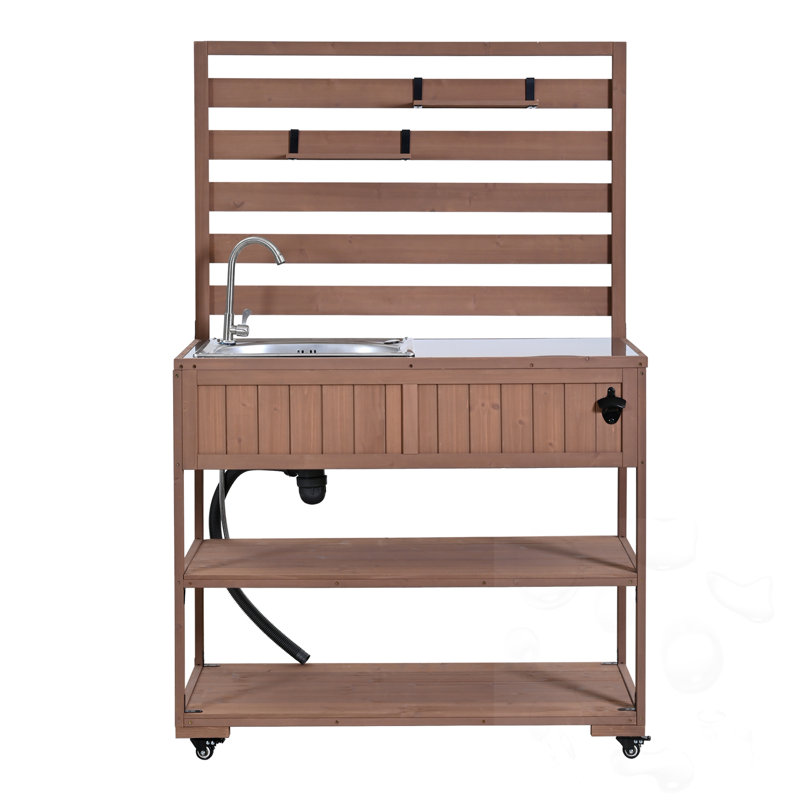 Banc de jardin avec évier, tablettes mobiles et ouvre-bouteille, Brown