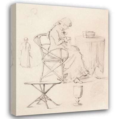 «Sketches, Girl Sewing, Table, Wine Wine, Woman Selin» par Helene Schjerfbeck - Art mural sur toile tendue avec châssis