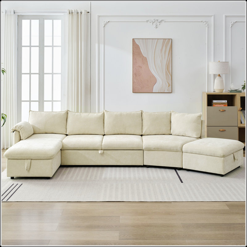 Canapé-lit modulaire en L de 146,9 po avec canapé-lit et canapé-lit escamotable, Beige