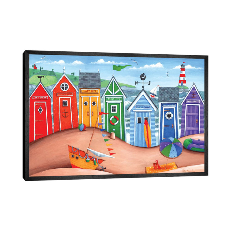 Beach Hut Rainbow Scene by Peter Adderley - Painting on Canvas, Black Framed, 101.6cm H x 152.4cm W x 3.81cm D