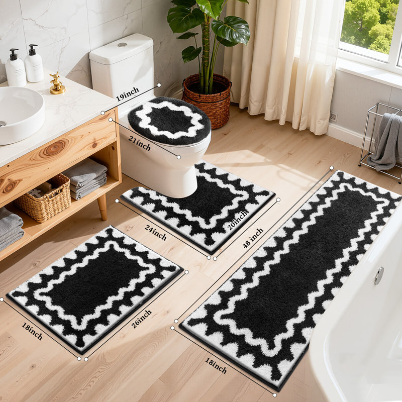 Absorbent Non-Slip Washable Bath Mat Bathroom Rug(Set of 4), Black Geometric