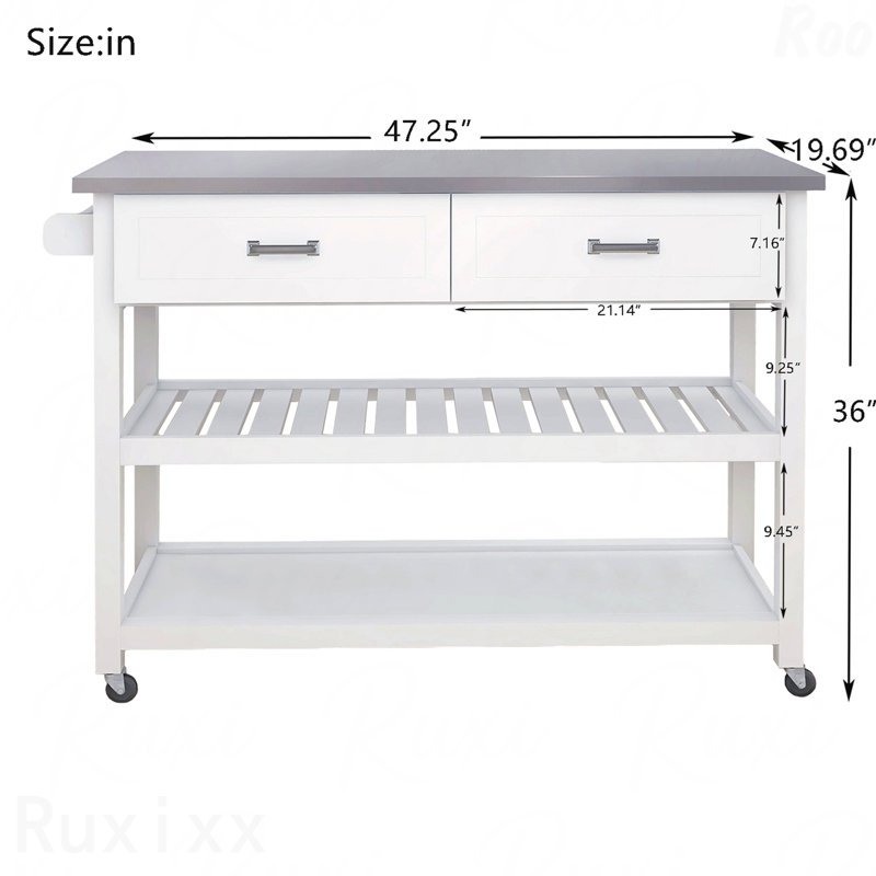 Chariot Kicthen blanc avec deux tiroirs et plateau en acier inoxydable