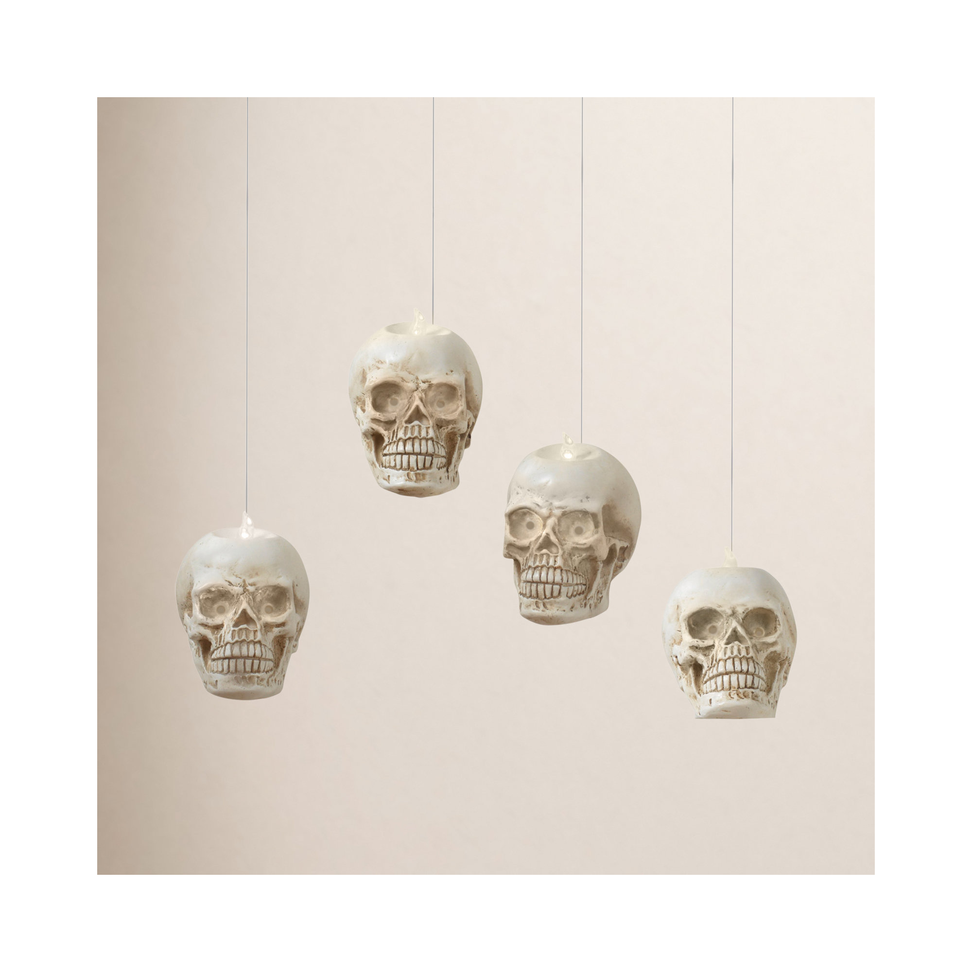 Set Of 4 Battery Operated Resin Hanging Skull Appear To Be Hanging In Mid-Air