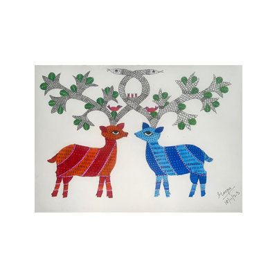 Two Deers Gond Art | Acrylic On Paper | By Roopa | For Wall Décor