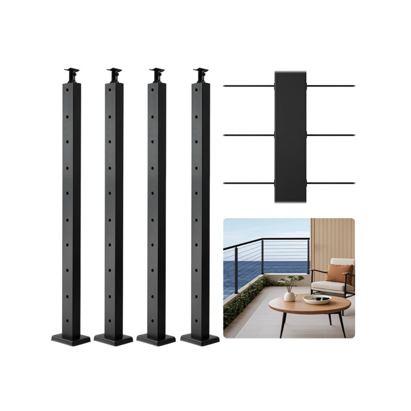 Poteau de garde-corps en câble, poteau de terrasse à trous horizontaux 1 x 2 po avec trous pré-percés, poteau de garde-corps en acier inoxydable avec support horizontal et incurvé, noir