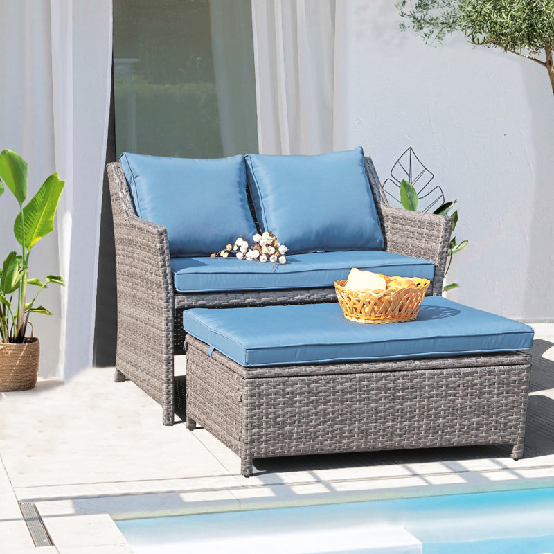 Ensemble de conversation de patio Frett Wicker pour 2 personnes avec coussins, Marine