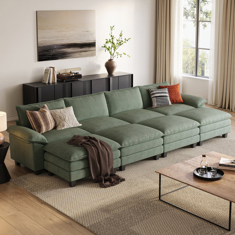 Canapé modulaire en forme de U avec 4 repose-pieds Colbey, Velours côtelé vert