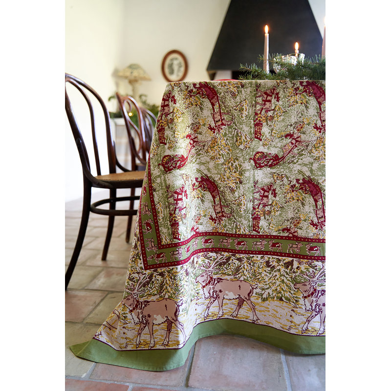 Renne Handmade Floral Tablecloth, 142" x 71", Green/Red