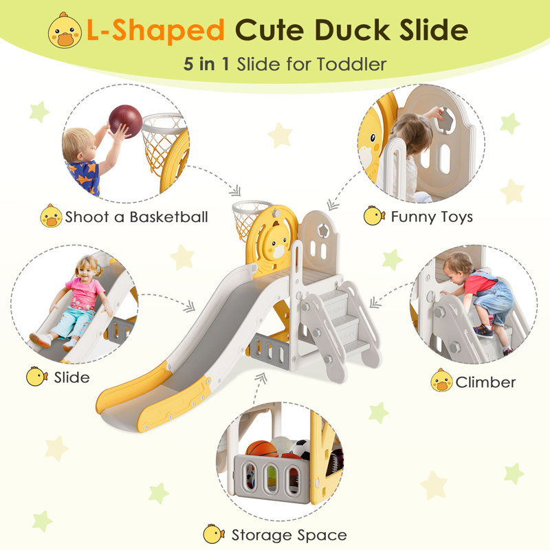 Yellow Duck Theme 5-in-1 Toddler Slide with Basketball Hoop