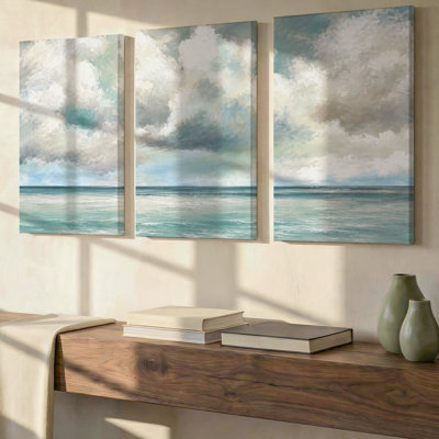 3 Pieces Exculisive Teal Sea and Soft Clouds Large Wall Art Serene Panoramic Canvas, Modern Canvas Decor for Living Room, Bedroom, Office and Home