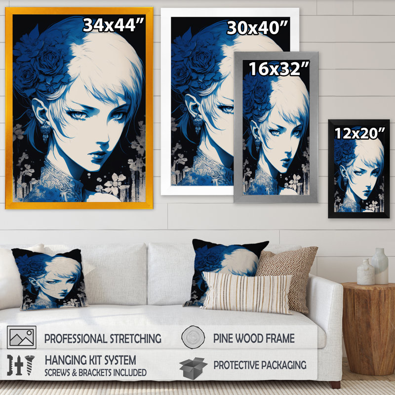 Dessin rétro sur fond bleu Edm Wilson, Cadre photo noir, H 44 po x l 34 po x P 1,5 po