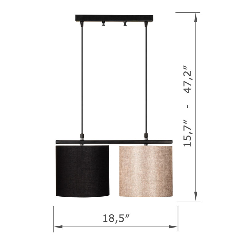 Luminaire suspendu pour îlot de cuisine 2 lumières à hauteur réglable avec capuchon en tissu, Noir/crème