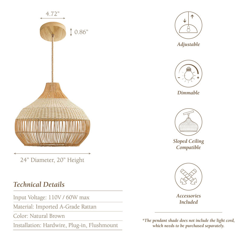 Anterria 1 - Light Natural 17", 21'', 24'' Handwoven Rattan Plug-In or Hardwired Light Fixture for Dining Room or Entryway, Dimmable and Perfect for High Ceilings in Boho Japandi Style