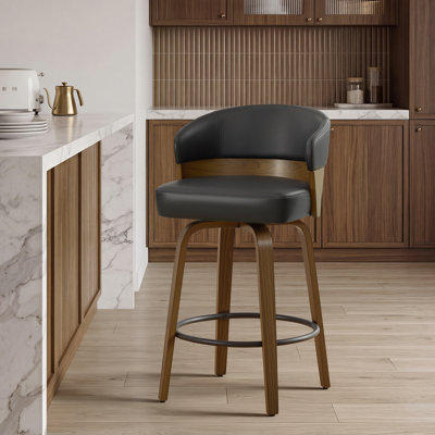 Mid-Century Modern Walnut Bentwood Swivel Bar Stool With Thick Cushioned Seat & 350 Lbs Capacity