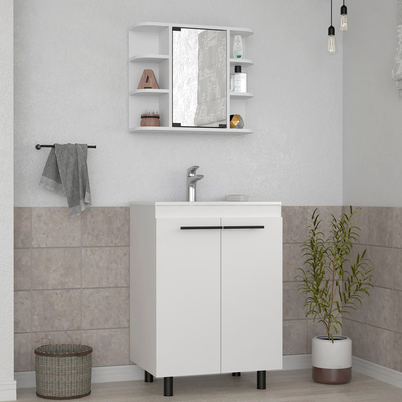 Ensemble de salle de bain blanc 2 pièces avec meuble-lavabo spacieux et miroir
