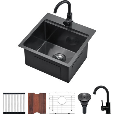 18 Inch Black Kitchen Bar Sink with Faucet, Scamall 18 x 18 Inches Black Drop In Bar Sink Topmount Small Kitchen Sinks 16 Gauge Stainless Steel Single Bowl Prep Sinks