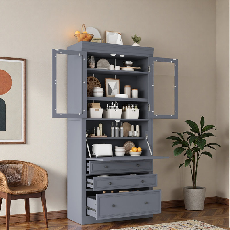 Garde-manger autoportant avec 3 tiroirs, tablettes réglables et prise de courant, Gris