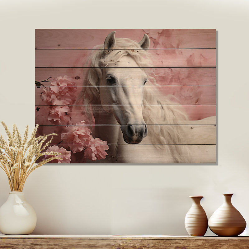 Cheval rose blanc doux, impression sans cadre sur bois, H 10 po x l 20 po x P 0,78 po