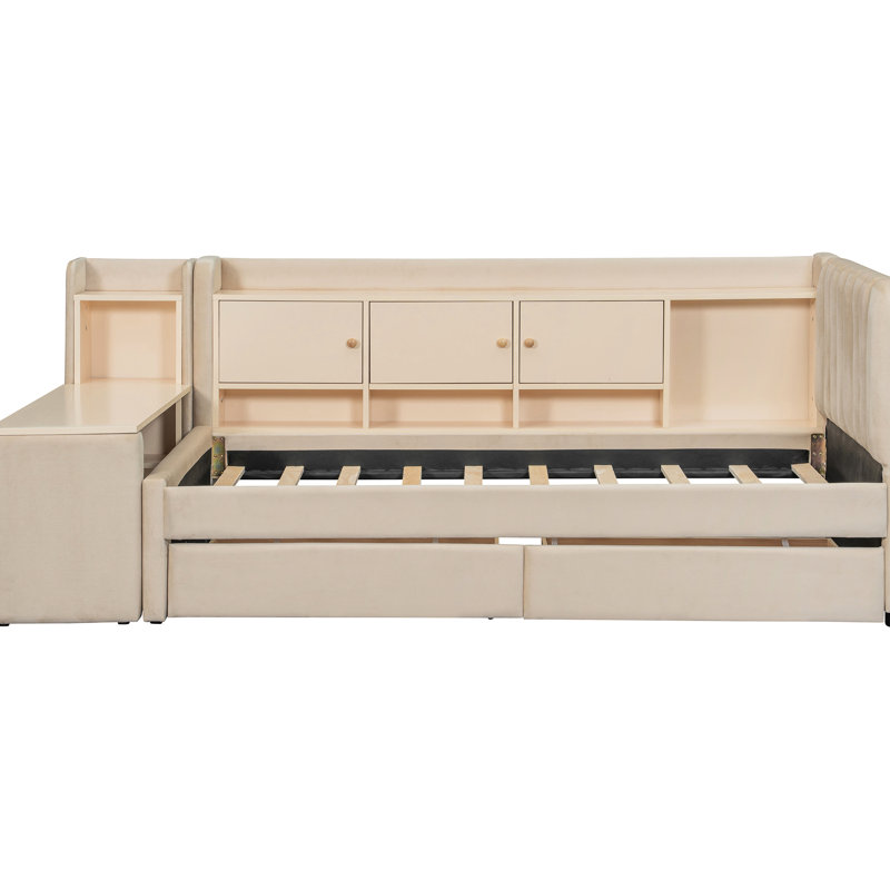 Lit de jour simple rembourré avec tiroirs, tablettes, armoires rabattables et table d'appoint - idéal pour un espace de vie compact, peu encombrant et confortable, avec de petits espaces et un design polyvalent