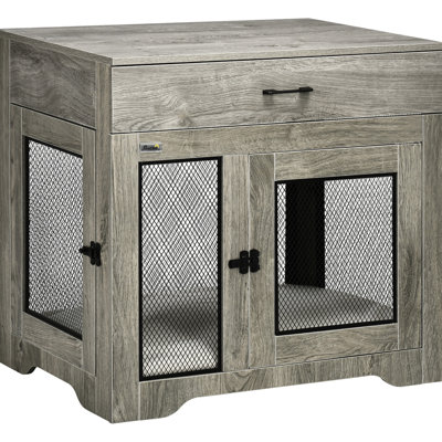Grey Dog Crate With Supportive Foam Cushion & Organized Drawer Puppy Soft Pad And Functional Storage Drawer,