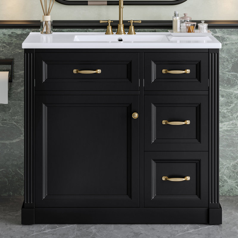 Meuble-lavabo de 36 pouces avec lavabo, armoire avec 4 tiroirs, porte à fermeture en douceur et tablette réglable, lavabo en céramique, meuble-lavabo moderne pour l'organisation de la salle de bain, finition noire