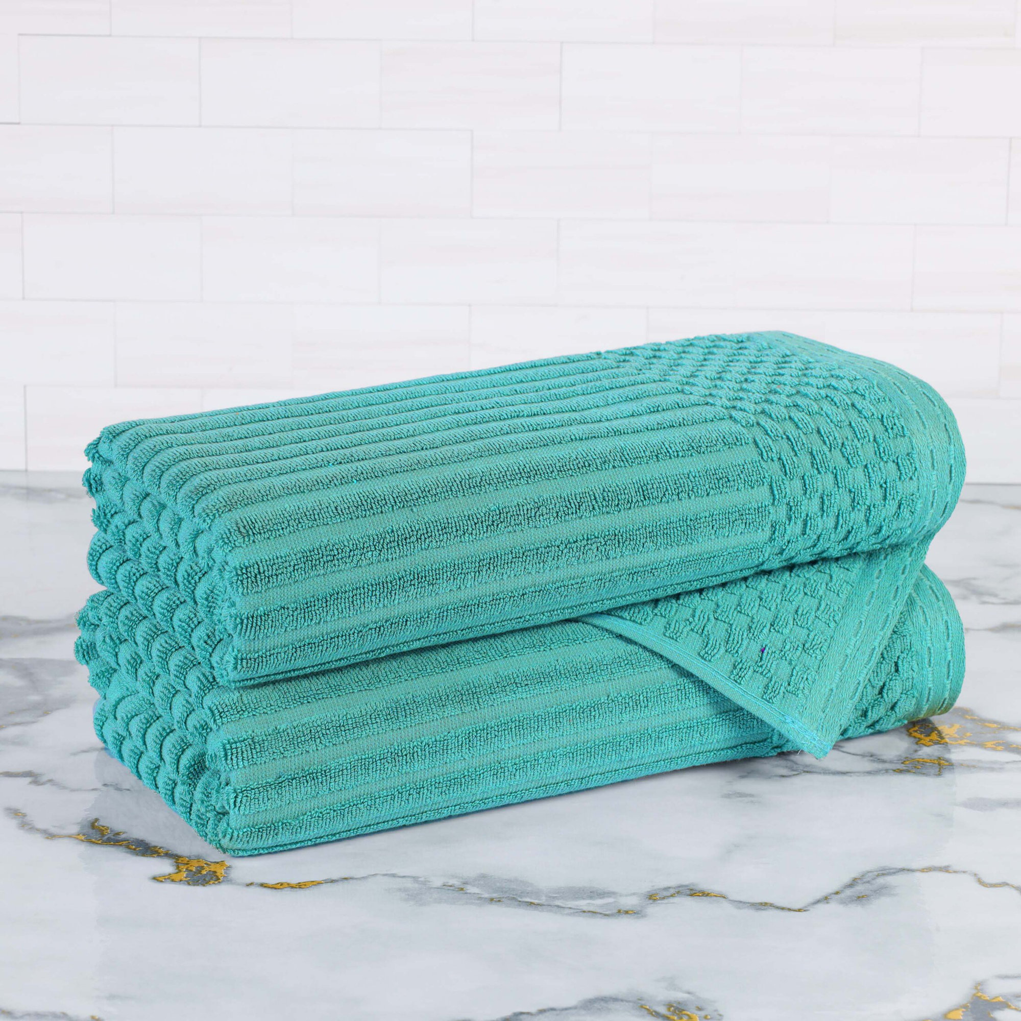 Ruvins Cotton Highly Absorbent Solid and Checkered Border Bath Towel Set, Turquoise