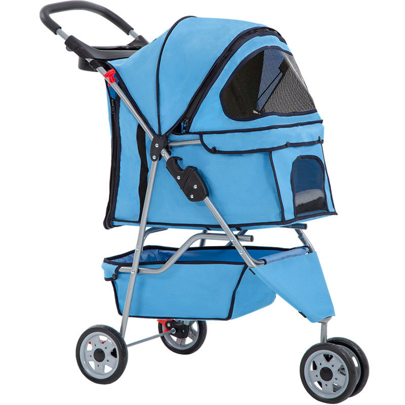 Blue 3-Wheel Folding Pet Stroller for Dogs