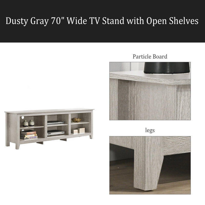 70" Wide TV Stand With Open Shelves And Cable Management, Light Gray