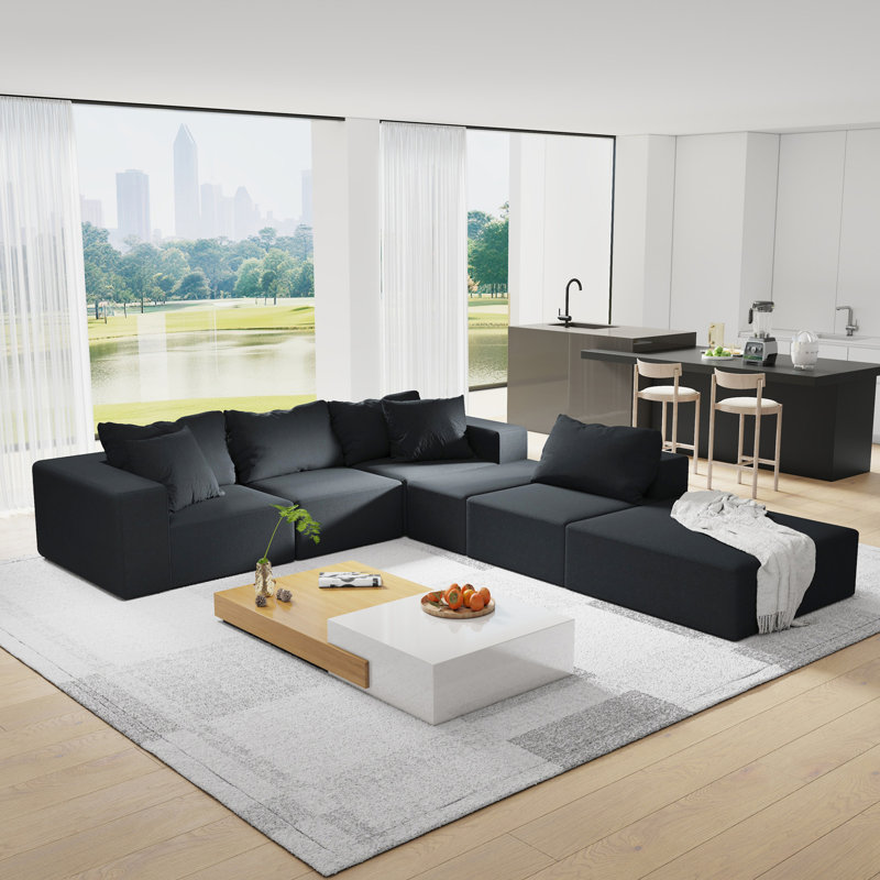 Ensemble de canapé modulaire rembourré moderne en L de 132 po avec 6 coussins, Chenille noir