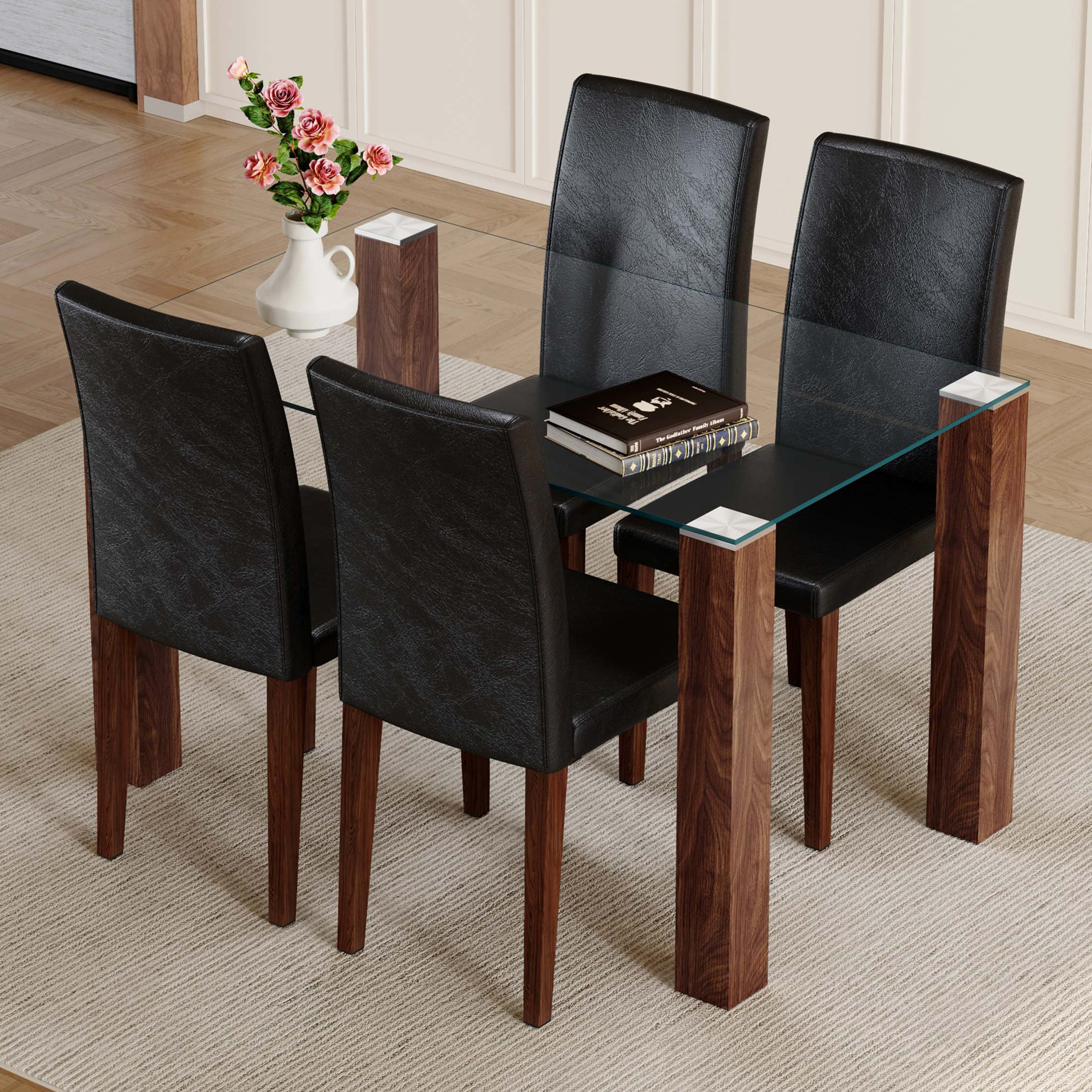 Ivy Bronx Table And Chair Set,Tempered Glass Dining Table With Wood ...