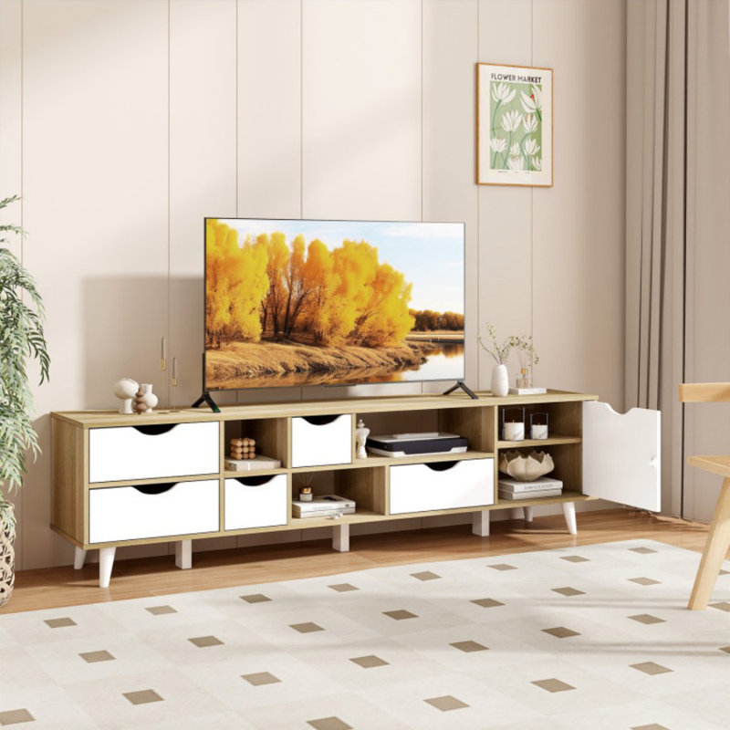 Meuble télé pour téléviseur de 65 po ou moins avec 5 tiroirs et 3 tablettes ouvertes