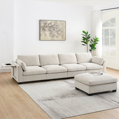 130" Modular Sectional Sofa, L-Shape With Folding Table And Dual-Port Charging, Side Storage Pockets, 2 Armrest Pillows, Free Movement Ottoman, High Density Foam, Chenille, 5 Seat, 2 Colors