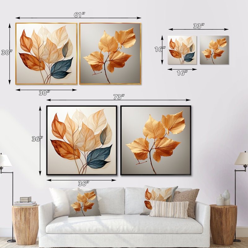 Cuivre feuillu abstractions - ensemble de 2 feuilles carrées, Cadre flottant noir, H 30 po x l 61 po