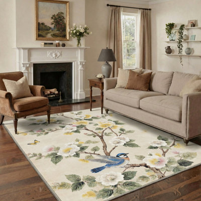 Tapis oriental beige / vert / jaune lavable à la machine avec envers antidérapant Komorebi
