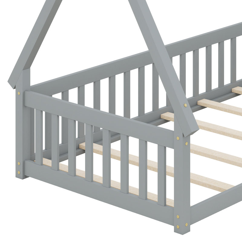 Tent-Shaped Floor Bed With Teepee Design, Guardrails And  Slats, Gray